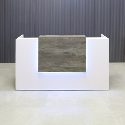 84-inch Chicago Custom Reception Desk in metropolitan concrete PVC counter and white matte laminate desk, with color LED, shown here.