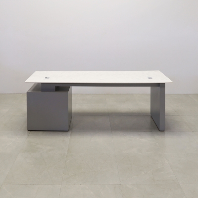 84-inch Avenue Straight Executive Desk in 1/2-inch special engineered surface top, and fog gray matte laminate storage on the right side when sitting and base.