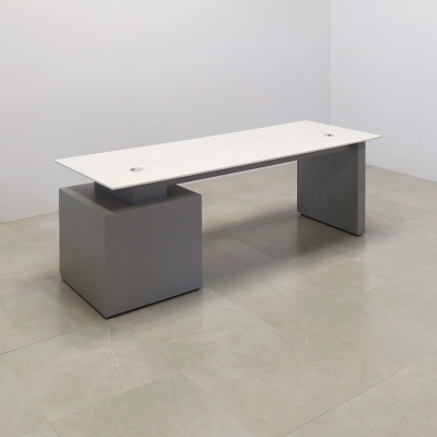 84-inch Avenue Straight Executive Desk in 1/2-inch special engineered surface top, and fog gray matte laminate storage on the right side when sitting and base.
