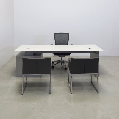 84-inch Avenue Straight Executive Desk in 1/2-inch special engineered surface top, and fog gray matte laminate storage on the right side when sitting and base.