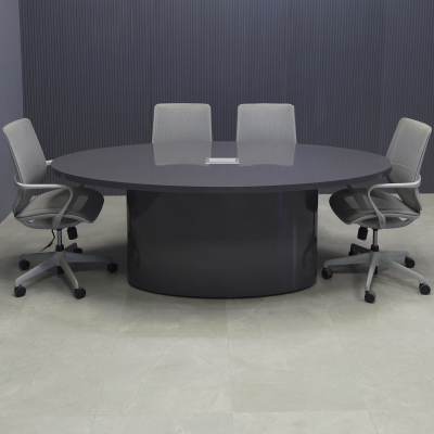 84-inch Newton Oval Conference Table With Laminate Top & base in storm gray gloss laminate, and silver MX3 power box.