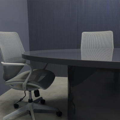 84-inch Newton Oval Conference Table With Laminate Top & base in storm gray gloss laminate, and silver MX3 power box.