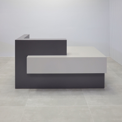 84-inch Atlanta Custom Reception Desk with the countertop & base on the left side when facing front covered in storm gray matte laminate, while the workspace and front panel are covered in fog gray matte laminate.