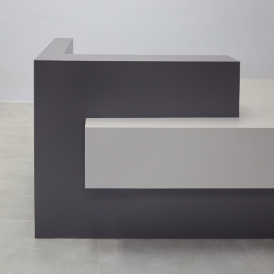 84-inch Atlanta Custom Reception Desk with the countertop & base on the left side when facing front covered in storm gray matte laminate, while the workspace and front panel are covered in fog gray matte laminate.