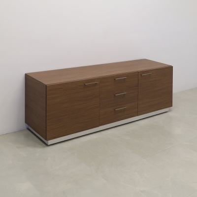 84-inch Manhattan Storage Credenza in walnut heights matte laminate credenza, front drawers & doors, and brushed aluminum toe-kick.