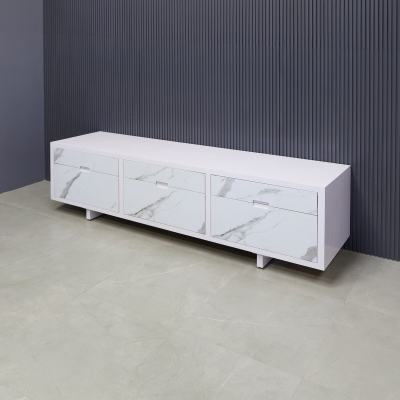 84-inch Seattle Storage Credenza in white gloss laminate credenza, and calcutta stone PVC finish front drawers.