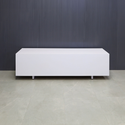 84-inch Seattle Storage Credenza in white gloss laminate credenza, and calcutta stone PVC finish front drawers.