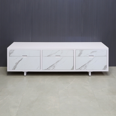 84-inch Seattle Storage Credenza in white gloss laminate credenza, and calcutta stone PVC finish front drawers.