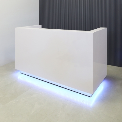84-inch Dallas U-Shape Reception Desk in white gloss laminate main desk, brushed aluminum toe-kick, and color changing LED.