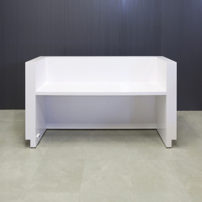 84-inch Dallas U-Shape Reception Desk in white gloss laminate main desk, brushed aluminum toe-kick, and color changing LED.