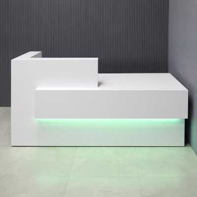 84-inch Atlanta Reception Desk with countertop on the left side when sitting in white gloss laminate countertop & base, workspace, front accent, and color changing LED. 