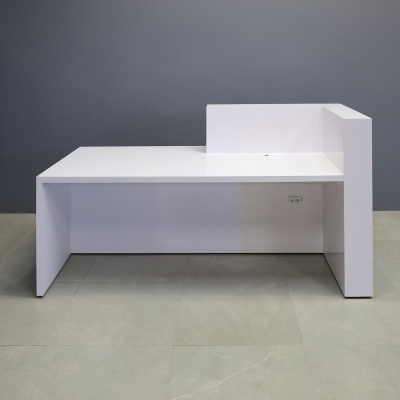 84-inch Atlanta Reception Desk with countertop on the left side when sitting in white gloss laminate countertop & base, workspace, front accent, and color changing LED. 