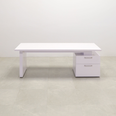 84-inch Avenue Straight Executive Desk in white gloss laminate, base & storage on the right side when sitting.
