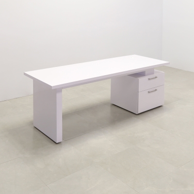 84-inch Avenue Straight Executive Desk in white gloss laminate, base & storage on the right side when sitting.