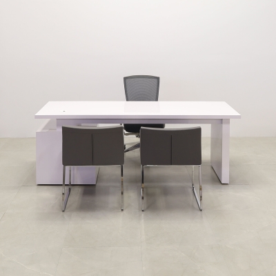 84-inch Avenue Straight Executive Desk in white gloss laminate, base & storage on the right side when sitting.