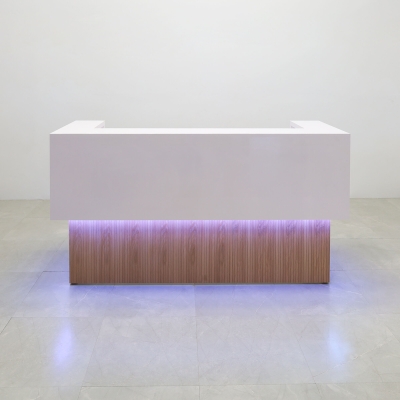 84-inch San Francisco U-Shape Custom Reception Desk in white matte laminate counter & desk, and white oak tambour front desk, with white LED, shown here.