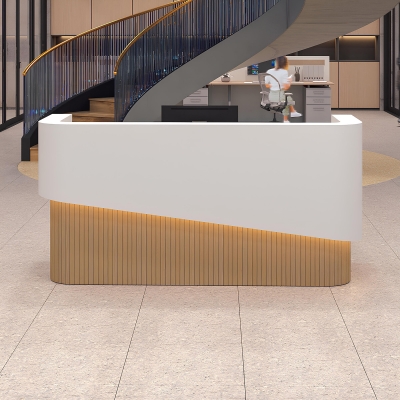 84-inch Nola Curved Custom Reception Desk in white matte laminate counter & inside desk, white oak tambour front desk, and warm white LED.
