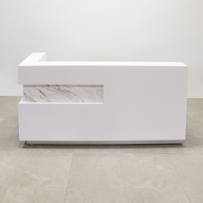 84-inch Manhattan L-Shape Custom Reception Desk in calcutta stone pvc accent panel, white matte laminate main desk and brushed aluminum toe-kick, shown here.