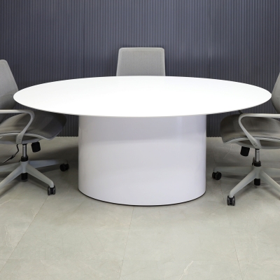 84-inch Aurora Oval Conference Table in 1/2-inch white solid engineered surface top, and white gloss laminate base.