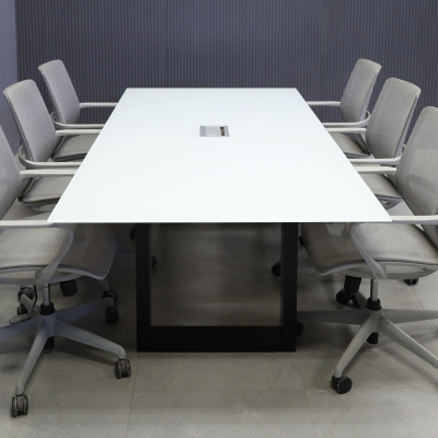 84-inch Omaha Rectangular Conference Table in 1/2-inch white tempered glass top, with metal u-legs powder coated in black, and silver MX3 power box.