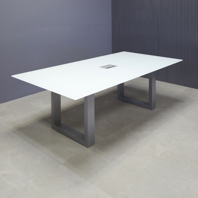 84-inch Omaha Rectangular Conference Table in 1/2-inch white tempered glass top, with metal u-legs powder coated in silver, and silver MX3 power box.