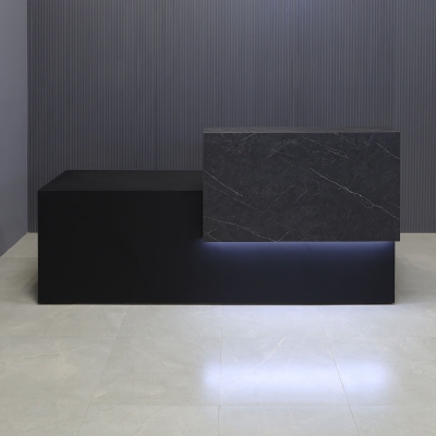 90-inch Los Angeles ADA Custom Reception Desk with the counter on the right side when facing front in black stone PVC, black traceless laminate desk, and warm white LED.