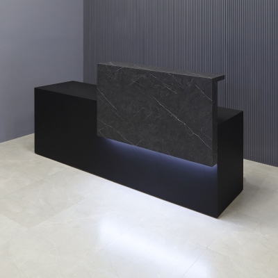 90-inch Los Angeles Custom Reception Desk with the counter on the right side when facing front in black stone PVC, and black traceless laminate desk, with white LED, shown here.