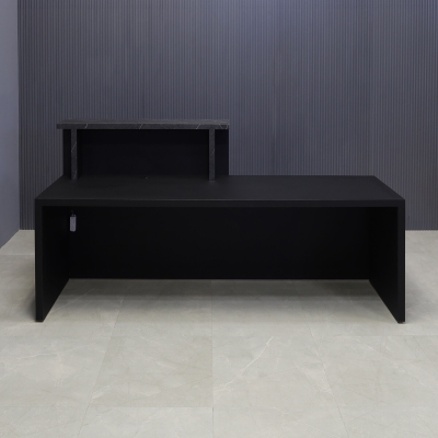 90-inch Los Angeles Custom Reception Desk with the counter on the right side when facing front in black stone PVC, and black traceless laminate desk, with white LED, shown here.