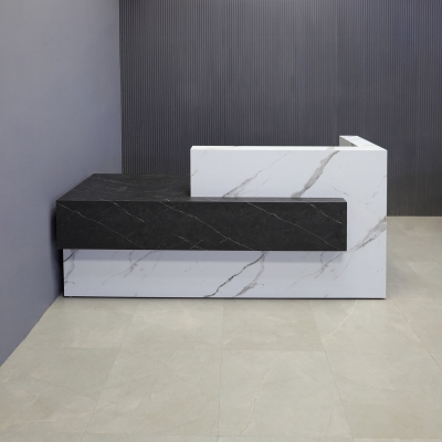 90-inch Atlanta Custom Reception Desk with the countertop & base on the right side when facing front covered in calcutta stone PVC, while the workspace and front panel are covered in black stone PVC.