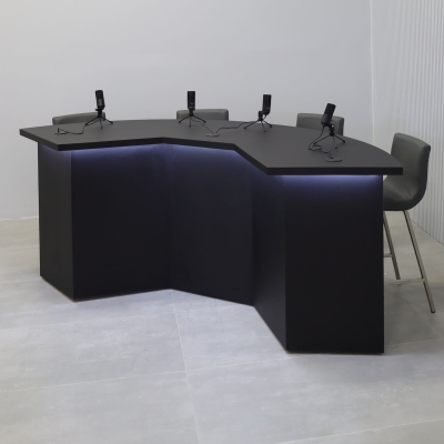 90-inch Tampa Bay Custom Handmade Podcast Table in black traceless laminate top & front base, and black matte laminate back base, with warm white LED.