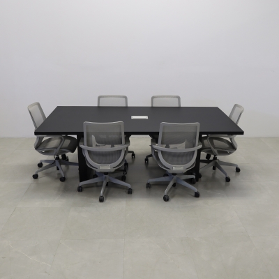 92 inches Newton Rectangular Conference Table in Black Traceless Laminate top and base finish. Ellora power box, and six gray chairs shown here.
