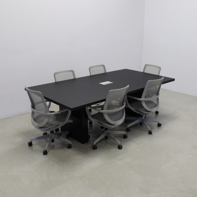 92 inches Newton Rectangular Conference Table in Black Traceless Laminate top and base finish. Ellora power box, and six gray chairs shown here.