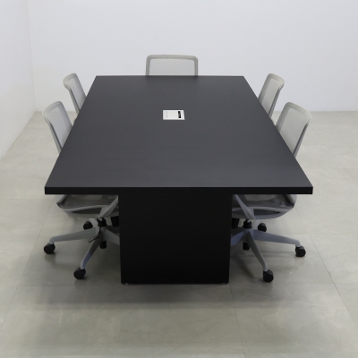 92 inches Newton Rectangular Conference Table in Black Traceless Laminate top and base finish. Ellora power box, and five gray chairs shown here.