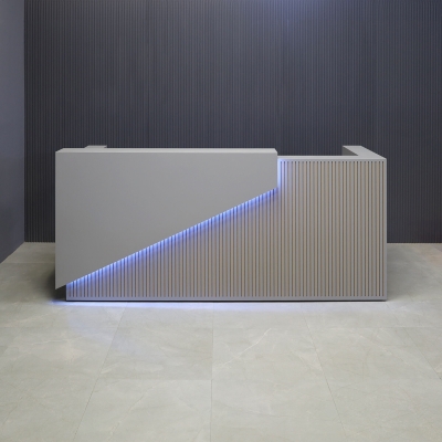 90-inch Miami Custom Reception Desk in fog gray matte laminate counter, grooved front panel and desk, with color LED shown here.
