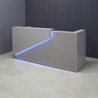 90-inch Miami Custom Reception Desk in fog gray matte laminate counter, grooved front panel and desk, with color LED shown here.