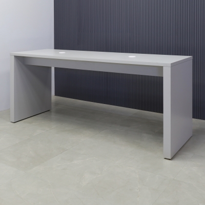Ahville Laminate Bar Table in folkstone gray laminate finish, with two MX1 powerboxes shown here.