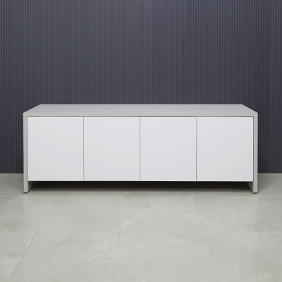 90-inch Boston Storage Credenza in folkstone gray matte laminate credenza, and white matte laminate doors.
