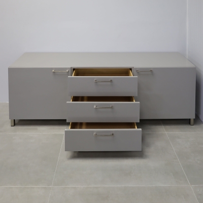 90-inch Naples Custom Storage Credenza in light gray gloss laminate credenza, and front drawers & doors, with chromed legs.