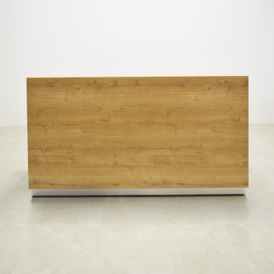90-inch Dallas Straight Custom Reception Desk in planked urban oak matte laminate main desk and brushed aluminum toe-kick.