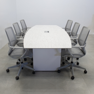 90-inch Aurora Boat Conference Table in 1/2-inch Spanish limestone engineered surface top, white matte laminate standard base, and silver MX3 power box.