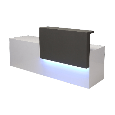90-inch Los Angeles ADA Custom Reception Desk with the counter on the right side when facing front in storm gray matte laminate, white gloss laminate desk, and color changing LED.