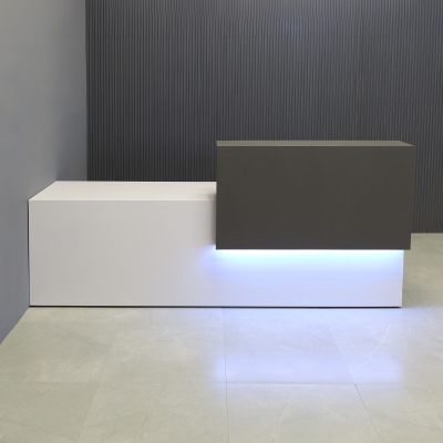 90-inch Los Angeles ADA Custom Reception Desk with the counter on the right side when facing front in storm gray matte laminate, white gloss laminate desk, and color changing LED.