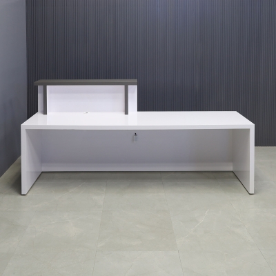 90-inch Los Angeles ADA Custom Reception Desk with the counter on the right side when facing front in storm gray matte laminate, white gloss laminate desk, and color changing LED.
