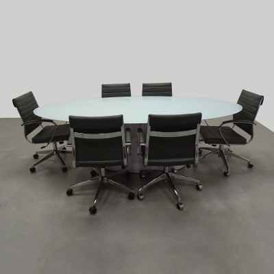 90-inch Omaha Oval Conference Table in 1/2-inch white tempered glass top, and white gloss laminate base.