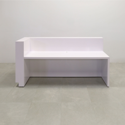 90-inch Manhattan L-Shape Custom Reception Desk in classic red gloss laminate accent panel, and white gloss laminate main desk. Brushed aluminum toe-kick, with multi-colored LED, shown here.