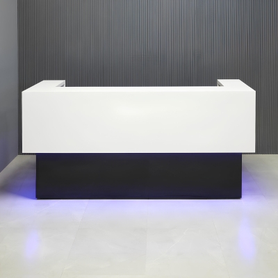 90-inch San Francisco U-Shape Custom Reception Desk in white gloss laminate counter and black gloss desk, with color LED, shown here.