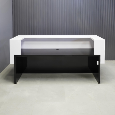 90-inch San Francisco U-Shape Custom Reception Desk in white gloss laminate counter and black gloss desk, with color LED, shown here.