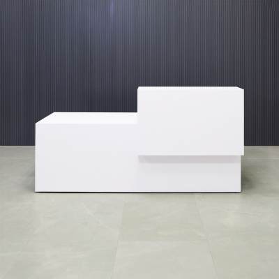 90-inch Los Angeles ADA Custom Reception Desk with the counter on the right side when facing front in white gloss laminate counter & desk.