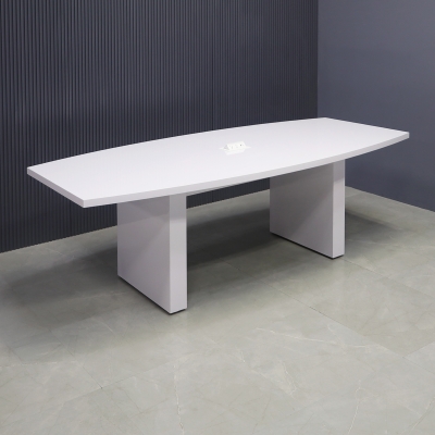 90-inch Newton Boat Shape Conference Table in white gloss laminate top & standard base, and white MX2 power box.