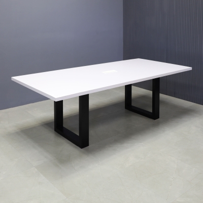 90-inch Newton Rectangular Conference Table in white gloss laminate top and black metal u base, with white MX2 power box, shown here.